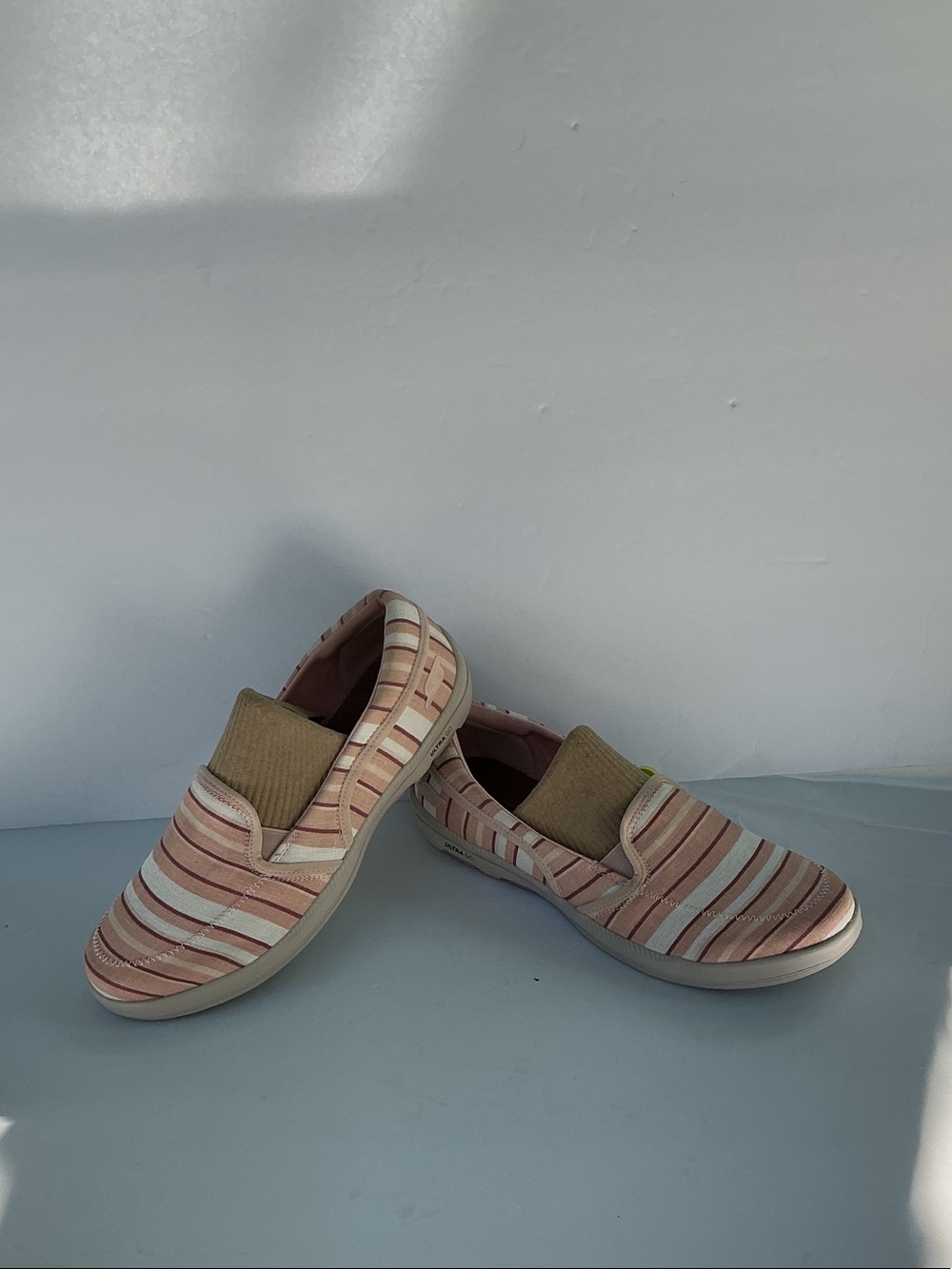 Skechers Slip-On Striped Sneakers in Pink and Cream